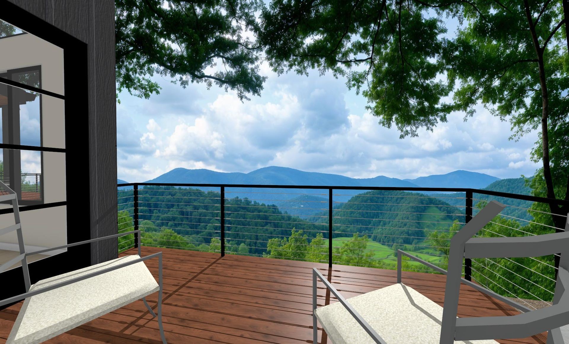 Scenic mountain view from a wooden deck with lounge chairs and a railing under tree shade.
