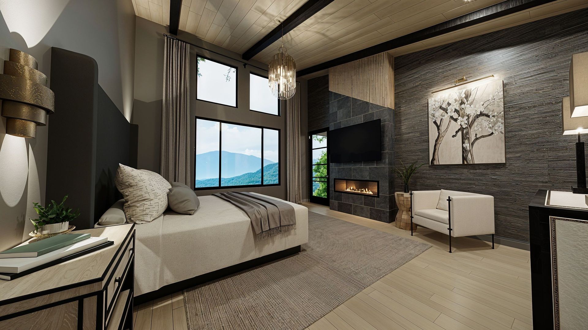 Modern bedroom with large windows, fireplace, and elegant decor, featuring a mountain view.